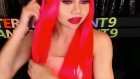 Monstercock Ladyboy In Pink lingerie Cumming And Self engulfing On web camera