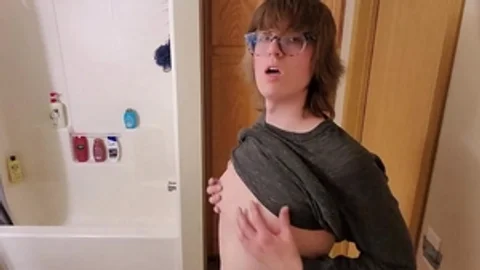 Trans girl Stephanie Sprays giant cumshot All Over bathroom Floor