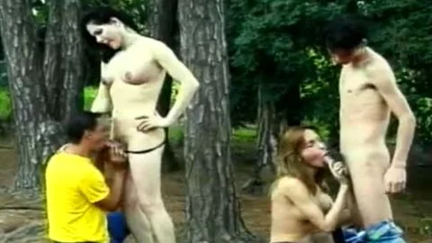 Two boyz Brought Trance bitches To The Forest To engulf Each Other's penises